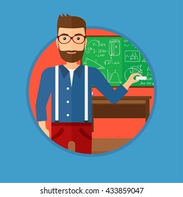 A hipster teacher with the beard standing in classroom. Teacher standing in front of the blackboard with a piece of chalk in hand. Vector flat design illustration in the circle isolated on background.