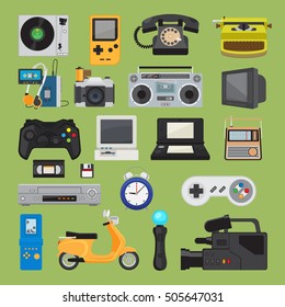 Hipster tech gadgets. 90s gadget icons like old joystick and console, gamepad and video tape. Vector illustration