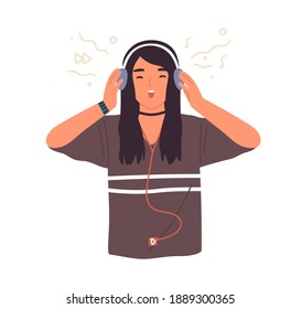 Hipster teenage girl singing and listening to music in headphones, using mp3 player vector flat illustration. Teen female singer enjoying audio sound with closed eyes isolated on white.