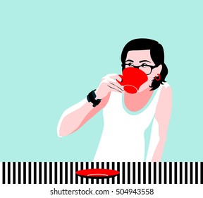 Hipster teenager girl drinking coffee. Pop art vector illustration 