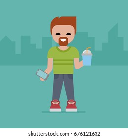 Hipster with telephone and drink. Flat design. Vector illustration