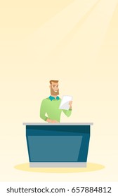 Hipster television anchorman working in the studio. Young caucasian television anchorman standing at the table in the studio during live broadcasting. Vector flat design illustration. Vertical layout.