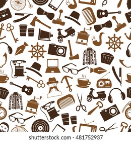 hipster theme and culture set of vector icons in seamless brown pattern eps10