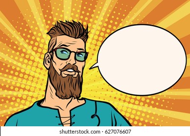 Hipster is thinking about something, a comic book bubble. Pop art retro vector illustration