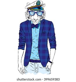 hipster Tiger in a jacket and sunglasses . Vector illustration.
