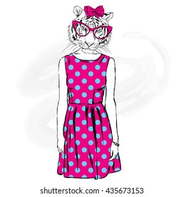 Hipster tigress in a dress.  Vector illustration for greeting card, poster, or print on clothes. Fashion & Style. 