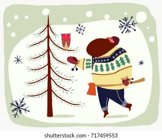 Hipster timber with ugly sweater and axe trying to cut a tree with an owl vector cartoon