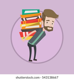 Hipster tired student carrying a heavy pile of books on his back. Upset caucasian student walking with huge stack of books. Vector flat design illustration in the circle isolated on background.