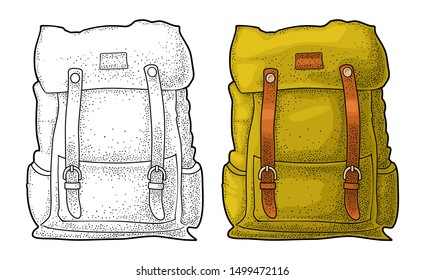 Hipster tourist backpack. Front view. Vector color vintage engraving illustration. Isolated on white background. Lettering adventure. For camping company logotype, poster and label.