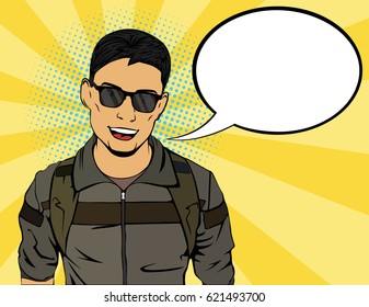 A hipster tourist wearing glasses. On an yellow background. Pop Art. Vector.