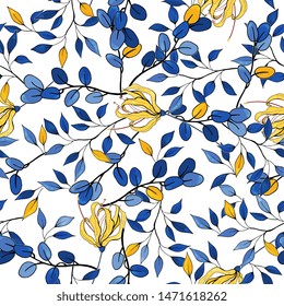 Hipster travel leaf seamless pattern. Hand drawn vector background. Vintage blue and yellow lily floral print
