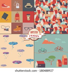Hipster travel. Vector seamless patterns, hipster and tourism themed.