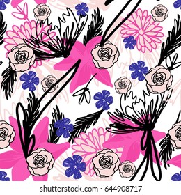 Hipster Trendy Bright Seamless Pattern with Floral Elements.Pop Art Print