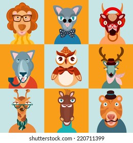 Hipster trendy dressed wild animals in hats and glasses bear wolf flat icons set isolated vector illustration