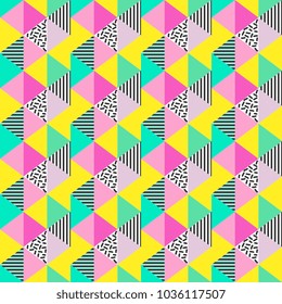 Hipster triangle Memphis geometric colorful seamless trendy 90s background.