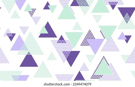 Hipster triangle shapes seamless pattern graohic design. Abstract geometric geo print. Colorful triangles motion background. Mix triangular shapes repeating pattern.