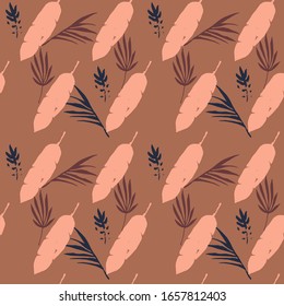 Hipster Tropical Vector Seamless Pattern. Elegant Male Shirt Female Dress Texture. Banana Leaves Feather Dandelion Monstera Tropical Seamless Pattern. Drawn Floral Background. Chic Summer Fashion.