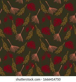 Hipster Tropical Vector Seamless Pattern. Cool Summer Fabrics. Beautiful Male Shirt Female Dress Texture. Dandelion Feather Monstera Banana Leaves Tropical Seamless Pattern. Drawn Floral Background.