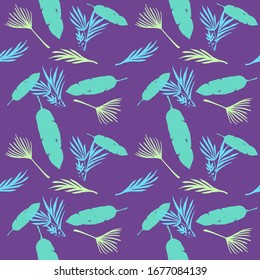 Hipster Tropical Vector Seamless Pattern. Nice Summer Fabrics. Beautiful Male Shirt Female Dress Texture. Feather Banana Leaves Monstera Dandelion Tropical Seamless Pattern. Painted Floral Background.