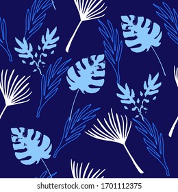 Hipster Tropical Vector Seamless Pattern. Doodle Floral Background. Fine Summer Textile. Dandelion Feather Banana Leaves Monstera Tropical Seamless Pattern. Elegant Male Shirt Female Dress Texture.