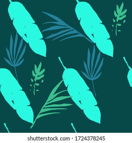 Hipster Tropical Vector Seamless Pattern. Feather Dandelion Banana Leaves Monstera Tropical Seamless Pattern. Painted Floral Background. Nice Summer Fabrics. Elegant Male Shirt Female Dress Texture.