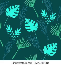 Hipster Tropical Vector Seamless Pattern. Beautiful Male Shirt Female Dress Texture. Drawn Floral Background. Dandelion Feather Banana Leaves Monstera Tropical Seamless Pattern. Nice Summer Fabrics.