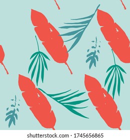 Hipster Tropical Vector Seamless Pattern. Elegant Male Shirt Female Dress Texture. Nice Summer Textile. Painted Floral Background. Feather Dandelion Monstera Banana Leaves Tropical Seamless Pattern.