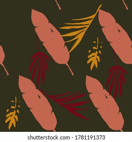 Hipster Tropical Vector Seamless Pattern. Elegant Male Shirt Female Dress Texture. Monstera Feather Banana Leaves Dandelion Tropical Seamless Pattern. Cool Summer Textile. Doodle Floral Background.