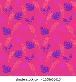 Hipster Tropical Vector Seamless Pattern. Nice Summer Fabrics. Dandelion Feather Monstera Banana Leaves Tropical Seamless Pattern. Painted Floral Background. Beautiful Male Shirt Female Dress Texture.