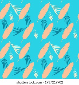 Hipster Tropical Vector Seamless Pattern. Banana Leaves Feather Monstera Dandelion Tropical Seamless Pattern. Elegant Male Shirt Female Dress Texture. Painted Floral Background. Cool Summer Fashion.