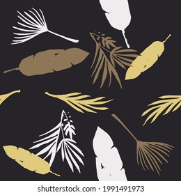 Hipster Tropical Vector Seamless Pattern. Elegant Male Shirt Female Dress Texture. Painted Floral Background. Banana Leaves Monstera Feather Dandelion Tropical Seamless Pattern. Nice Summer Fabrics.