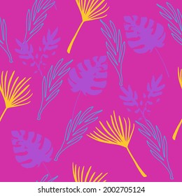 Hipster Tropical Vector Seamless Pattern. Cool Summer Textile. Beautiful Male Shirt Female Dress Texture. Banana Leaves Monstera Dandelion Feather Tropical Seamless Pattern. Drawn Floral Background.
