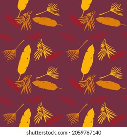 Hipster Tropical Vector Seamless Pattern. Drawn Floral Background. Elegant Male Shirt Female Dress Texture. Feather Banana Leaves Monstera Dandelion Tropical Seamless Pattern. Chic Summer Fabrics.