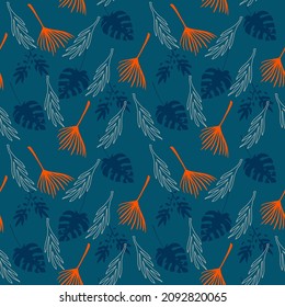 Hipster Trópico Vector sin inconvenientes. Fondo Floral Doodle. Dandelion Monstera Feather Banana Deja Un Patrón Tropical Sin Marea. Elegante Textura de vestir de mujer con camiseta masculina. Fresca Moda De Verano.