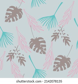 Hipster Trópico Vector sin inconvenientes. Las Hojas De Dandelion Monstera Banana Caen Un Patrón Tropical Sin Marea. Hermosa textura de ropa de mujer con camiseta masculina. Frescas Telas de verano. Fondo Floral dibujado.