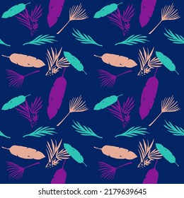 Hipster Tropical Vector Seamless Pattern. Elegant Male Shirt Female Dress Texture. Painted Floral Background. Cool Summer Fashion. Feather Monstera Dandelion Banana Leaves Tropical Seamless Pattern.