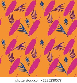 Hipster Tropical Vector Seamless Pattern. Drawn Floral Background. Banana Leaves Feather Dandelion Monstera Tropical Seamless Pattern. Chic Summer Fashion. Elegant Male Shirt Female Dress Texture.