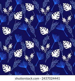 Hipster Tropical Vector Seamless Pattern. Elegant Male Shirt Female Dress Texture. Dandelion Monstera Banana Leaves Feather Tropical Seamless Pattern. Chic Summer Fabrics. Drawn Floral Background.