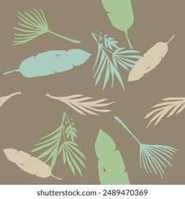 Hipster Tropical Vector Seamless Pattern. Beautiful Male Shirt Female Dress Texture. Dandelion Feather Monstera Banana Leaves Tropical Seamless Pattern. Drawn Floral Background. Fine Summer Textile.