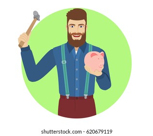 Hipster trying to break a piggy bank with a hammer. Portrait of hipster character in a flat style. Vector illustration.