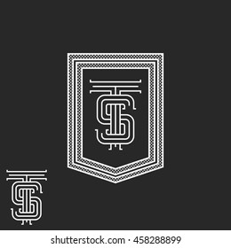 Hipster TS initials monogram frame, black and white vintage boutique emblem mockup, stylish calligraphic graphic design element