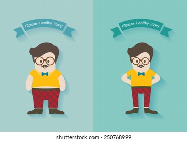 Hipster twins man fat and slim stand vector cartoon.