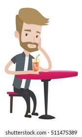 A hipster upset man with the beard sitting at the bar with cocktail. Caucasian sad man sitting alone at the bar and drinking cocktail. Vector flat design illustration isolated on white background.