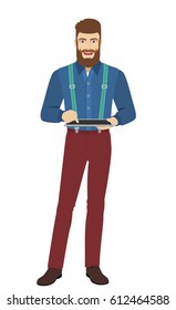 Hipster using digital tablet PC. Full length portrait of hipster in a flat style. Vector illustration.