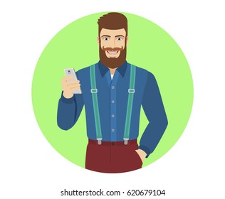 Hipster using mobile phone. Portrait of hipster character in a flat style. Vector illustration.