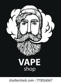 Hipster with vape and cloud. isolated vaper men on black vector background. Hand-drawn hipster dude with mustache and beard. Electronic Cigarette. Vector. Stickers, logo, Emblem
