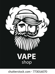 Hipster with vape and cloud. isolated vaper men on black vector background. Hand-drawn hipster dude with mustache and beard. Electronic Cigarette. Vector. Stickers, logo, Emblem