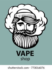 Hipster with vape and cloud. isolated vaper men. Hand-drawn hipster dude with mustache and beard. Electronic Cigarette. Vector. Stickers, logo, Emblem