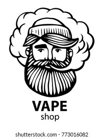 Hipster with vape and cloud. isolated vaper men on white vector background. Hand-drawn hipster dude with mustache and beard. Electronic Cigarette. Vector. Stickers, logo, Emblem