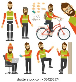Hipster in various positions in flat style. Constructor for any human poses. Bearded man on bicycle.